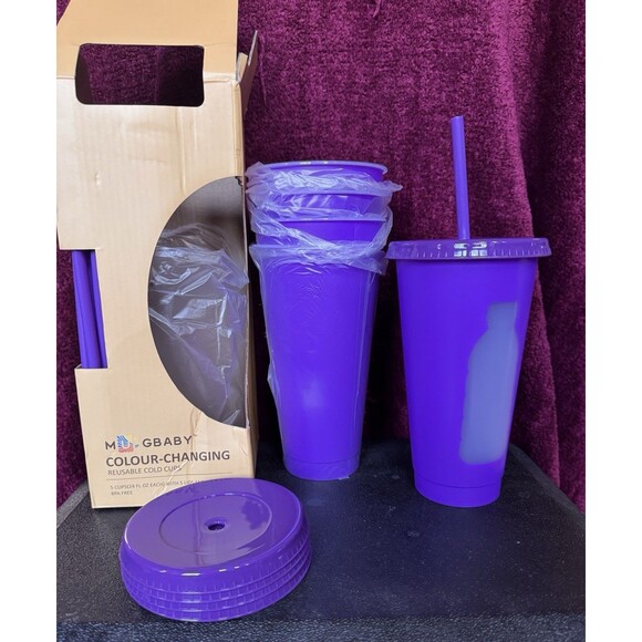 Cups 24 Ounces Reuseable Cup Top & Straw. Set of 5 purple and 5 Orange New - Picture 1 of 9